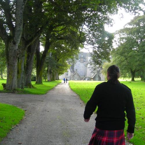 Douglas in Fraser Dress Tartan, marching toward Fraser Castle, Scotland. 2010