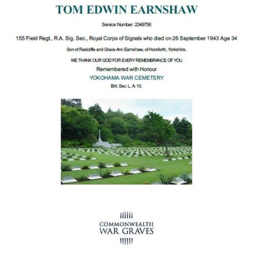 Grave of Tom Earnshaw - died as a prisoner of war.