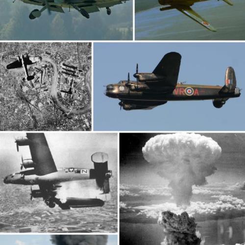 Examples of planes in WW2 - Clockwise from top: a Messerschmitt Bf 109; a Nakajima B5N; an Avro Lancaster; the Nagasaki atomic bomb; a North American P-51 Mustang; a Consolidated B-24 Liberator; a Heinkel He 111.