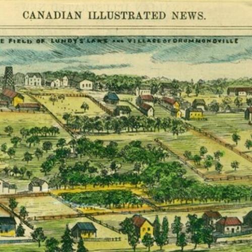 A sketch of the battlefield of Lundy's Lane and Village of Drummondville from the Canadian Illustrated News, July 15, 1876.  Two observation towers can be seen at the back towards the left.