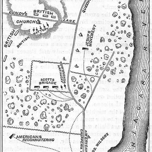 A map from 1869 that shows the positions of the American and British forces during the battle.