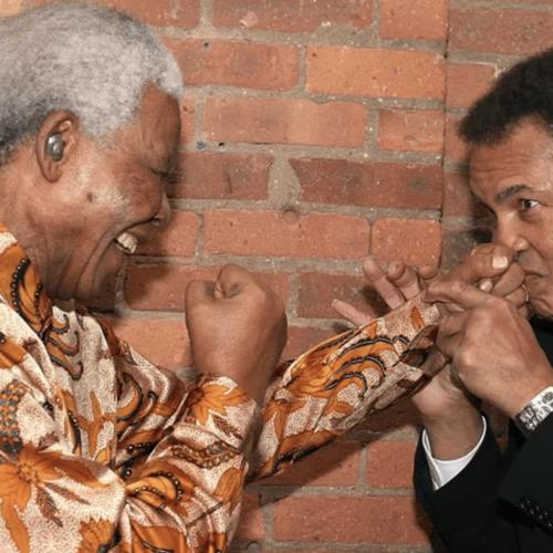 MEETS NELSON MANDELA Ali travels to South Africa for two weeks to support the development of boxing. The visit includes his first meeting with Nelson Mandela—who was a boxer as a young man.