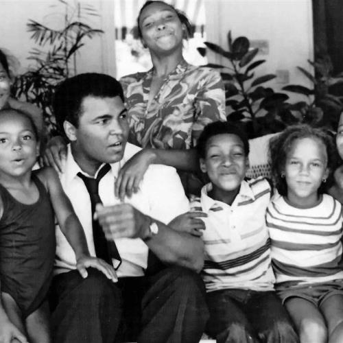 Ali goofs off with eight of his nine children at his home in Los Angeles.