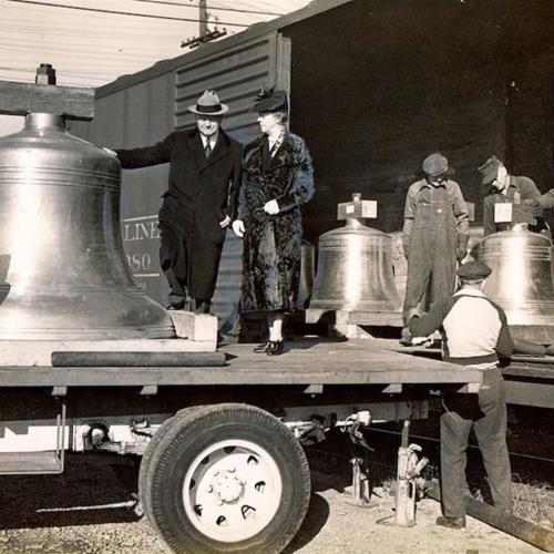 Edward and Edith inspecting bell for Carillon